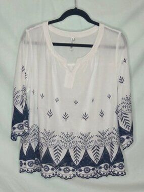 Monoreno blouse - long slv., white cotton w/blue embroidery - sz. L